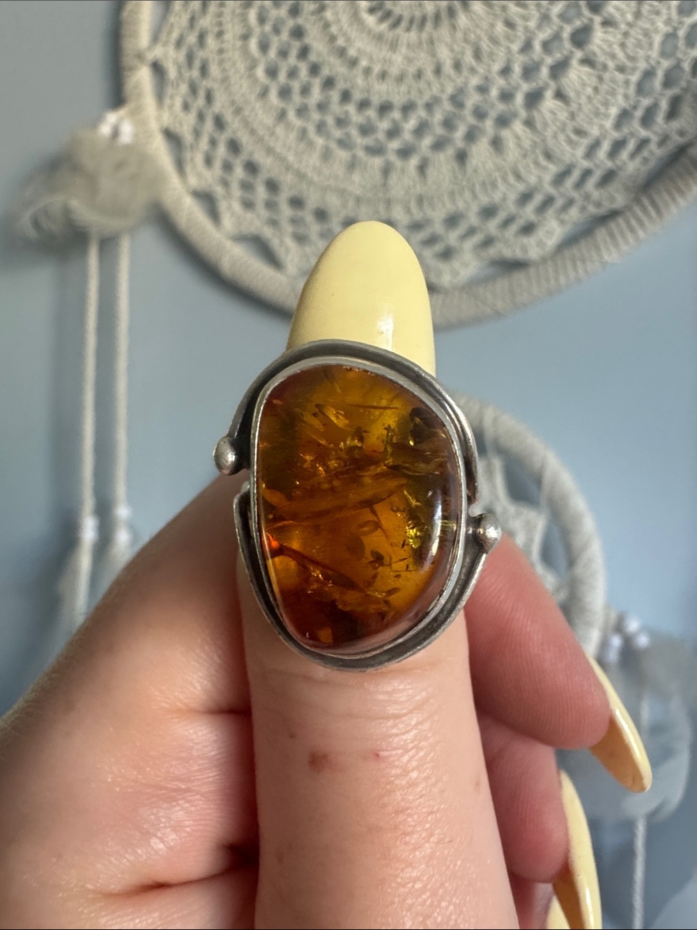 Sterling Silver Amber Statement Ring - Warm Honey Amber